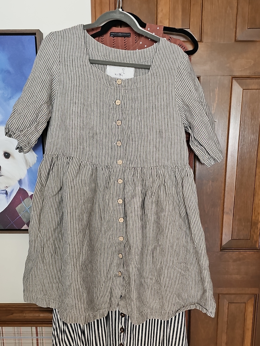 notPERFECTLINEN Beige & Grey Striped Button-Front Midi Dress